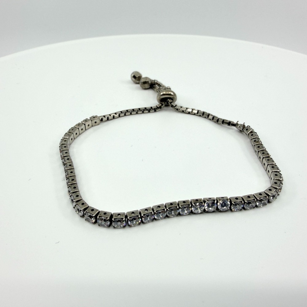 VTG Gunmetal Tennis Bracelet Clear Rhinestones Adjustable Y2K Bolo
